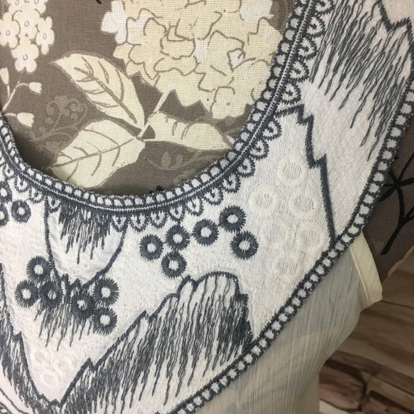 H.I.P. Embroidered Yoke Sheer Flowy Sleeveless Swing Tank Blouse Cream Gray - Picture 6 of 8